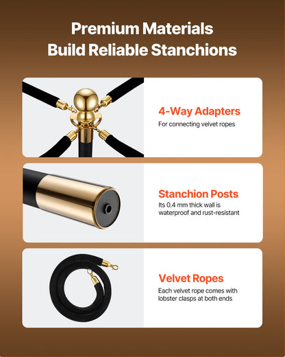 Stanchion Post, 4 Pcs Crowd Control Barrier Set with 2 Black Velvet Ropes, Heavy Duty Stainless Steel Stanchion Post Queue with Hollow Base for Theater, Party, Wedding, Exhibition, Event (Black)