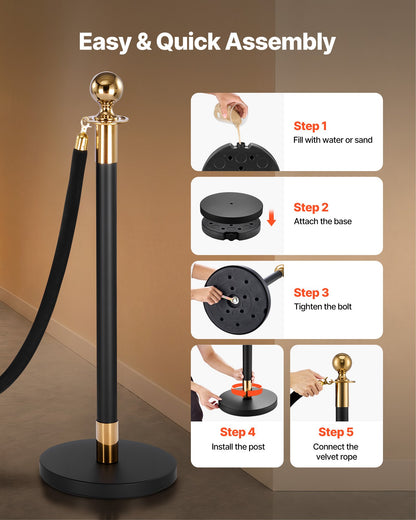 Stanchion Post, 4 Pcs Crowd Control Barrier Set with 2 Black Velvet Ropes, Heavy Duty Stainless Steel Stanchion Post Queue with Hollow Base for Theater, Party, Wedding, Exhibition, Event (Black)