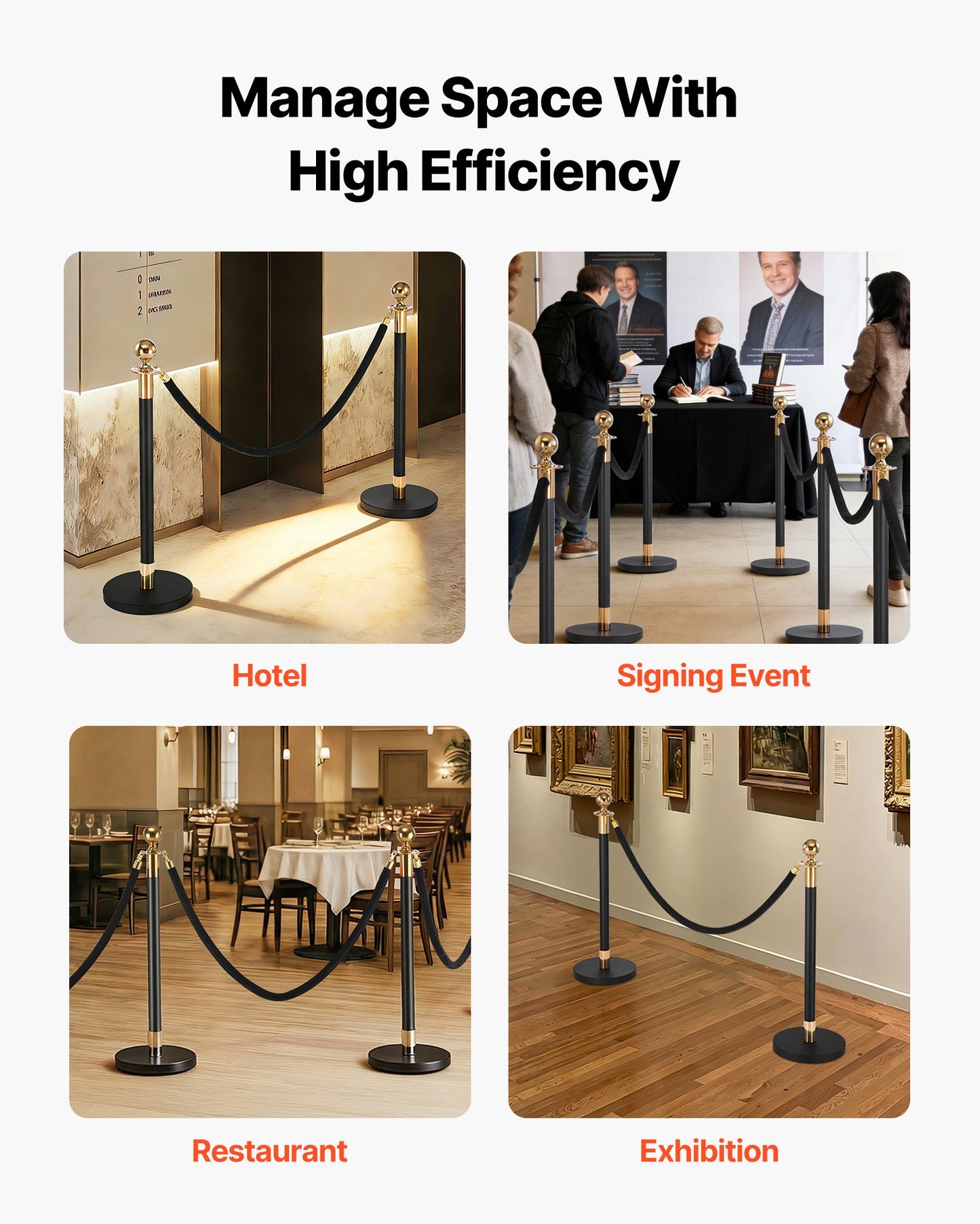 Stanchion Post, 4 Pcs Crowd Control Barrier Set with 2 Black Velvet Ropes, Heavy Duty Stainless Steel Stanchion Post Queue with Hollow Base for Theater, Party, Wedding, Exhibition, Event (Black)