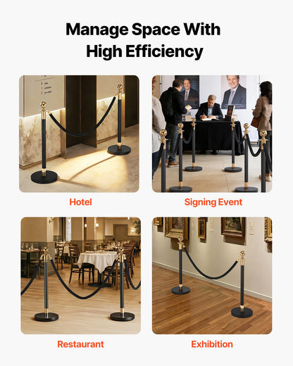 Stanchion Post, 4 Pcs Crowd Control Barrier Set with 2 Black Velvet Ropes, Heavy Duty Stainless Steel Stanchion Post Queue with Hollow Base for Theater, Party, Wedding, Exhibition, Event (Black)