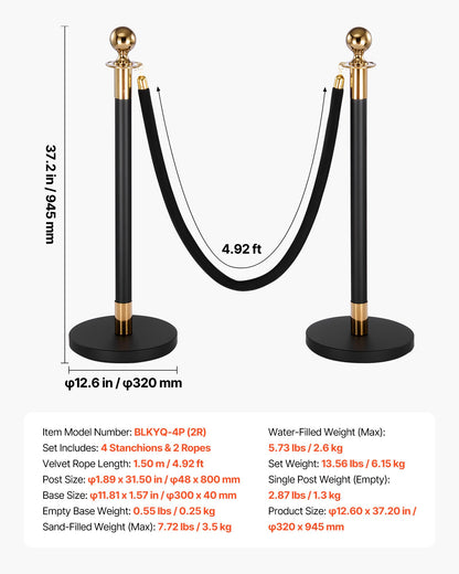 Stanchion Post, 4 Pcs Crowd Control Barrier Set with 2 Black Velvet Ropes, Heavy Duty Stainless Steel Stanchion Post Queue with Hollow Base for Theater, Party, Wedding, Exhibition, Event (Black)
