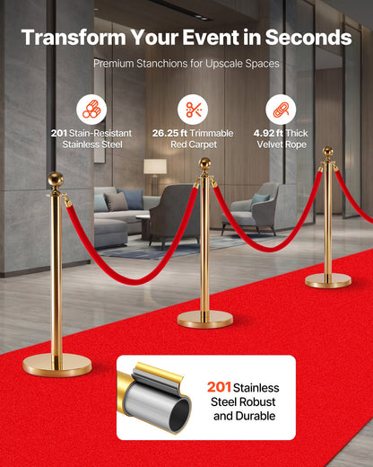 Stanchion Post, 6 Pcs Crowd Control Barrier Set with Red Carpet, 4 Red Velvet Ropes, Stainless Steel Gold Stanchion Post Queue with Hollow Base for Theater, Party, Wedding, Exhibition (Gold)