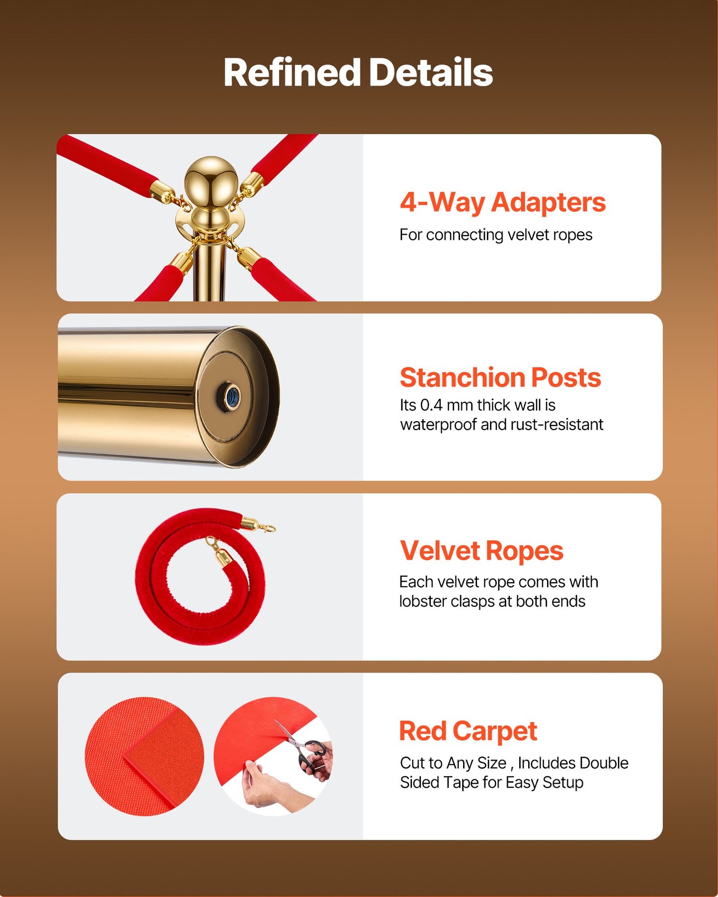 Stanchion Post, 6 Pcs Crowd Control Barrier Set with Red Carpet, 4 Red Velvet Ropes, Stainless Steel Gold Stanchion Post Queue with Hollow Base for Theater, Party, Wedding, Exhibition (Gold)
