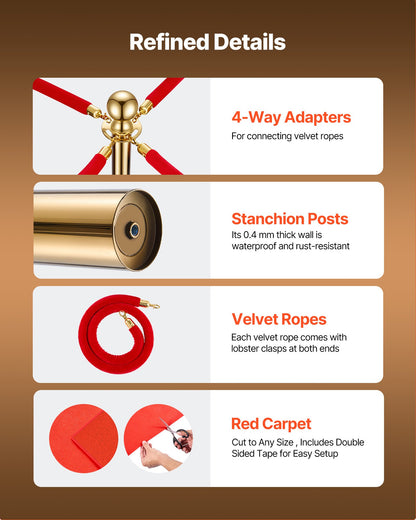 Stanchion Post, 6 Pcs Crowd Control Barrier Set with Red Carpet, 4 Red Velvet Ropes, Stainless Steel Gold Stanchion Post Queue with Hollow Base for Theater, Party, Wedding, Exhibition (Gold)