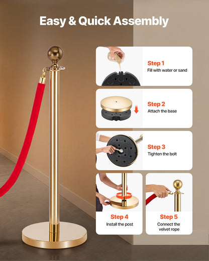 Stanchion Post, 6 Pcs Crowd Control Barrier Set with Red Carpet, 4 Red Velvet Ropes, Stainless Steel Gold Stanchion Post Queue with Hollow Base for Theater, Party, Wedding, Exhibition (Gold)