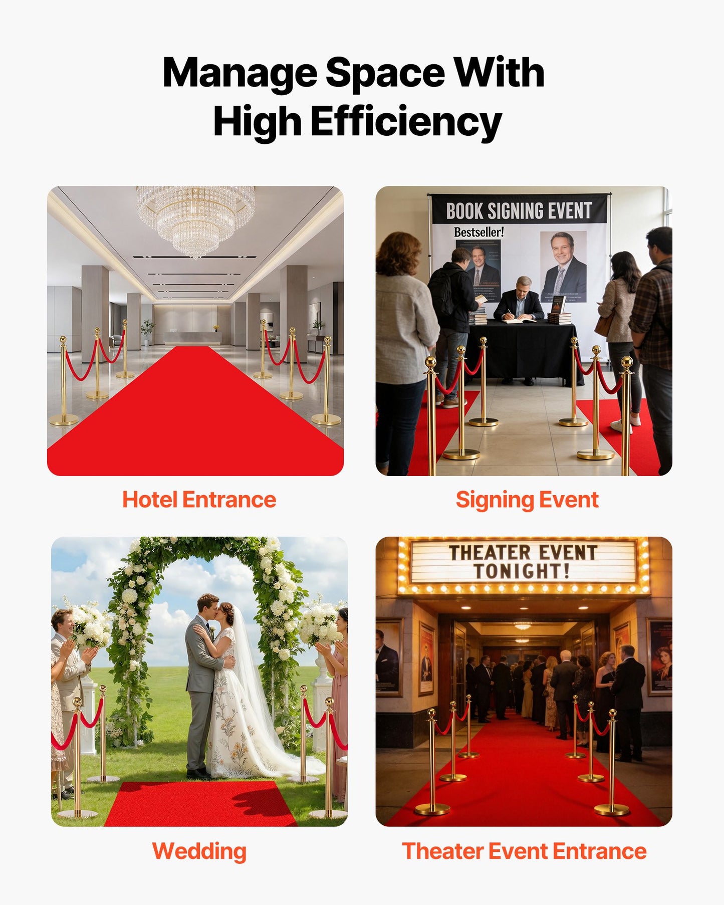 Stanchion Post, 6 Pcs Crowd Control Barrier Set with Red Carpet, 4 Red Velvet Ropes, Stainless Steel Gold Stanchion Post Queue with Hollow Base for Theater, Party, Wedding, Exhibition (Gold)