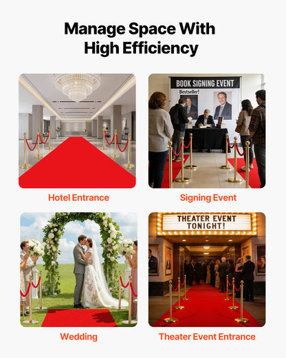 Stanchion Post, 6 Pcs Crowd Control Barrier Set with Red Carpet, 4 Red Velvet Ropes, Stainless Steel Gold Stanchion Post Queue with Hollow Base for Theater, Party, Wedding, Exhibition (Gold)