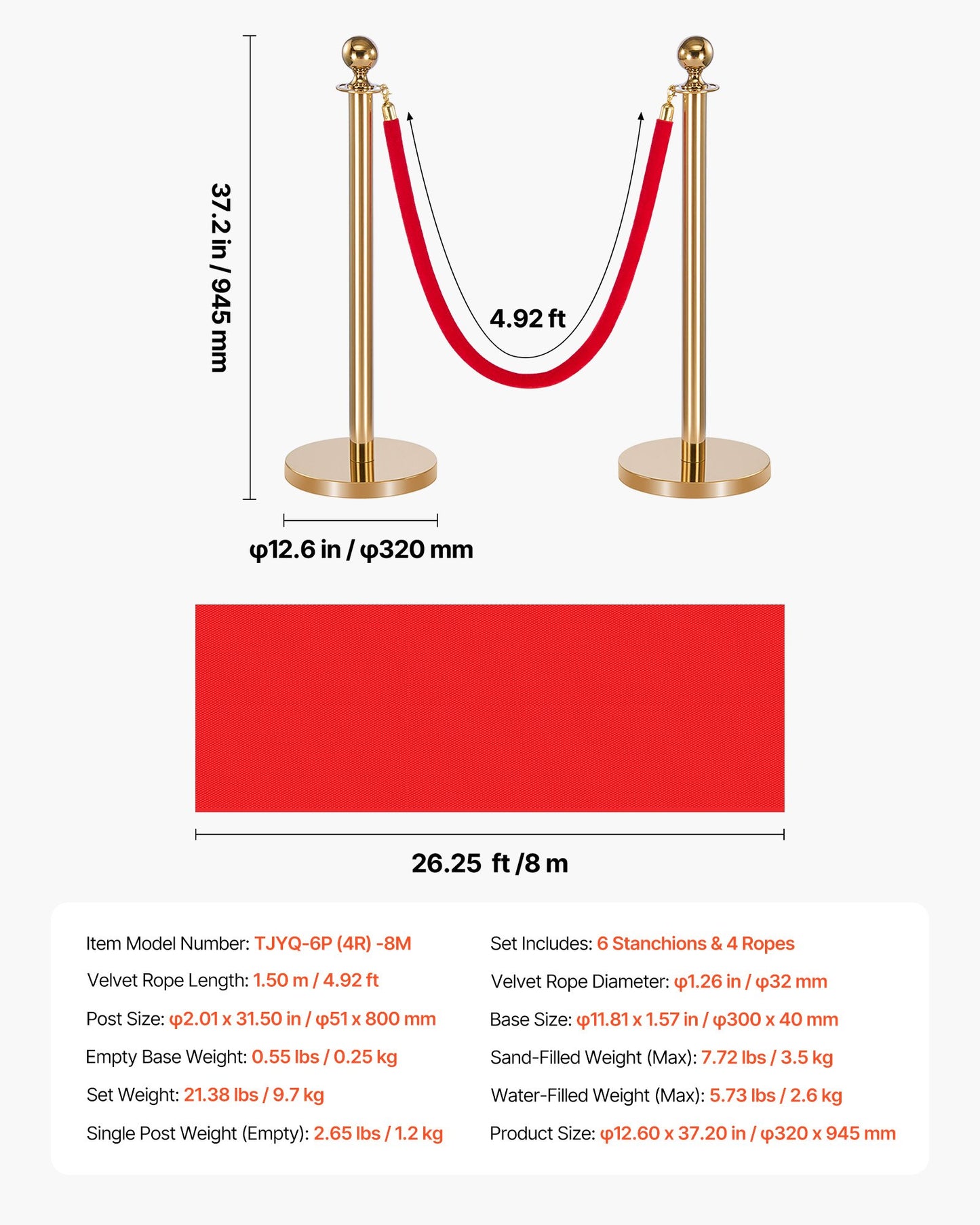 Stanchion Post, 6 Pcs Crowd Control Barrier Set with Red Carpet, 4 Red Velvet Ropes, Stainless Steel Gold Stanchion Post Queue with Hollow Base for Theater, Party, Wedding, Exhibition (Gold)
