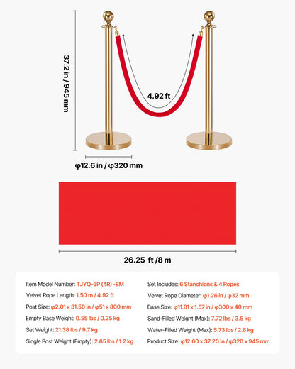 Stanchion Post, 6 Pcs Crowd Control Barrier Set with Red Carpet, 4 Red Velvet Ropes, Stainless Steel Gold Stanchion Post Queue with Hollow Base for Theater, Party, Wedding, Exhibition (Gold)