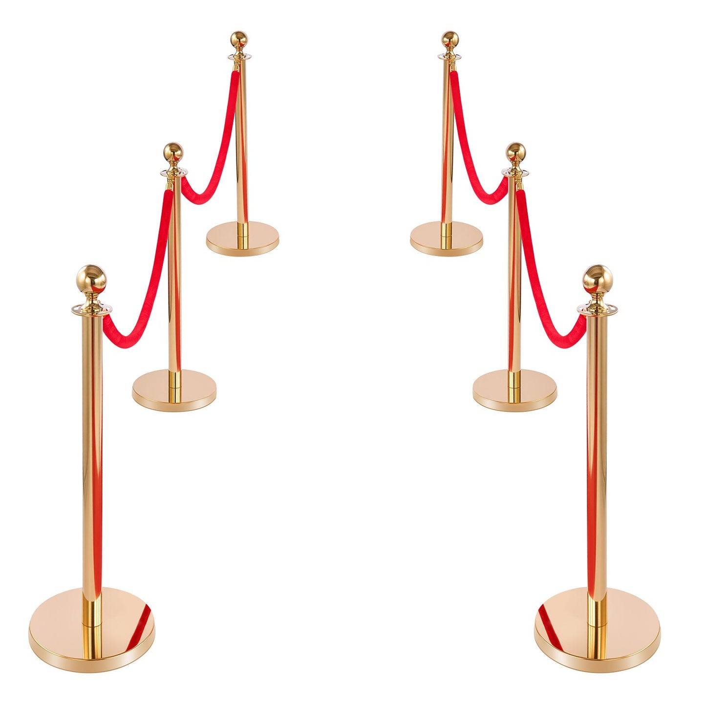 Stanchion Post, 6 Pcs Crowd Control Barrier Set with Red Carpet, 4 Red Velvet Ropes, Stainless Steel Gold Stanchion Post Queue with Hollow Base for Theater, Party, Wedding, Exhibition (Gold)