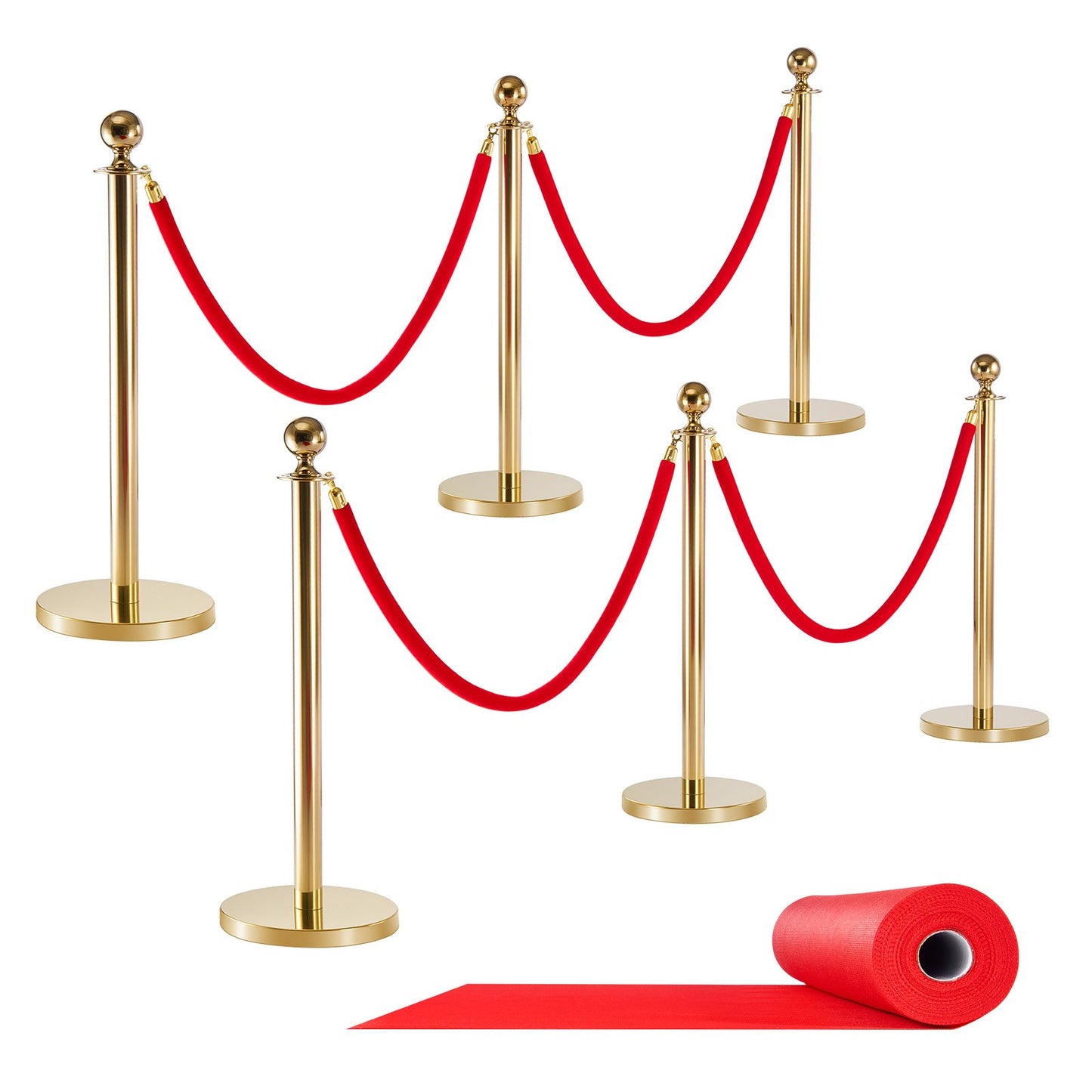 Stanchion Post, 6 Pcs Crowd Control Barrier Set with Red Carpet, 4 Red Velvet Ropes, Stainless Steel Gold Stanchion Post Queue with Hollow Base for Theater, Party, Wedding, Exhibition (Gold)