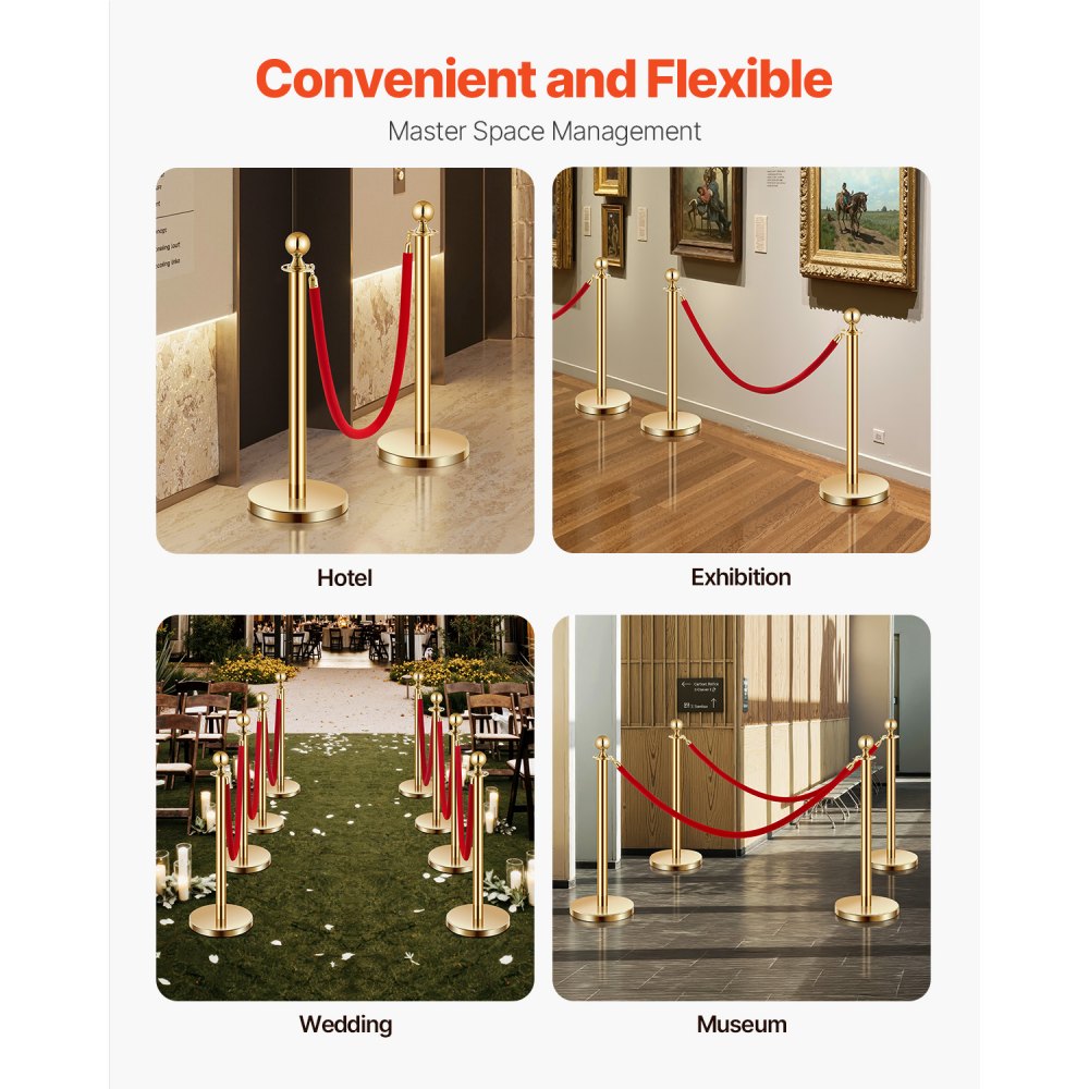 VEVOR 4 Pcs Gold Stanchion Post 2 Red Velvet Ropes Sand Injection Hollow Base