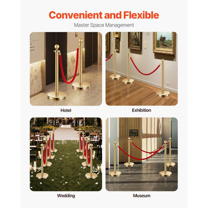 VEVOR 4 Pcs Gold Stanchion Post 2 Red Velvet Ropes Sand Injection Hollow Base