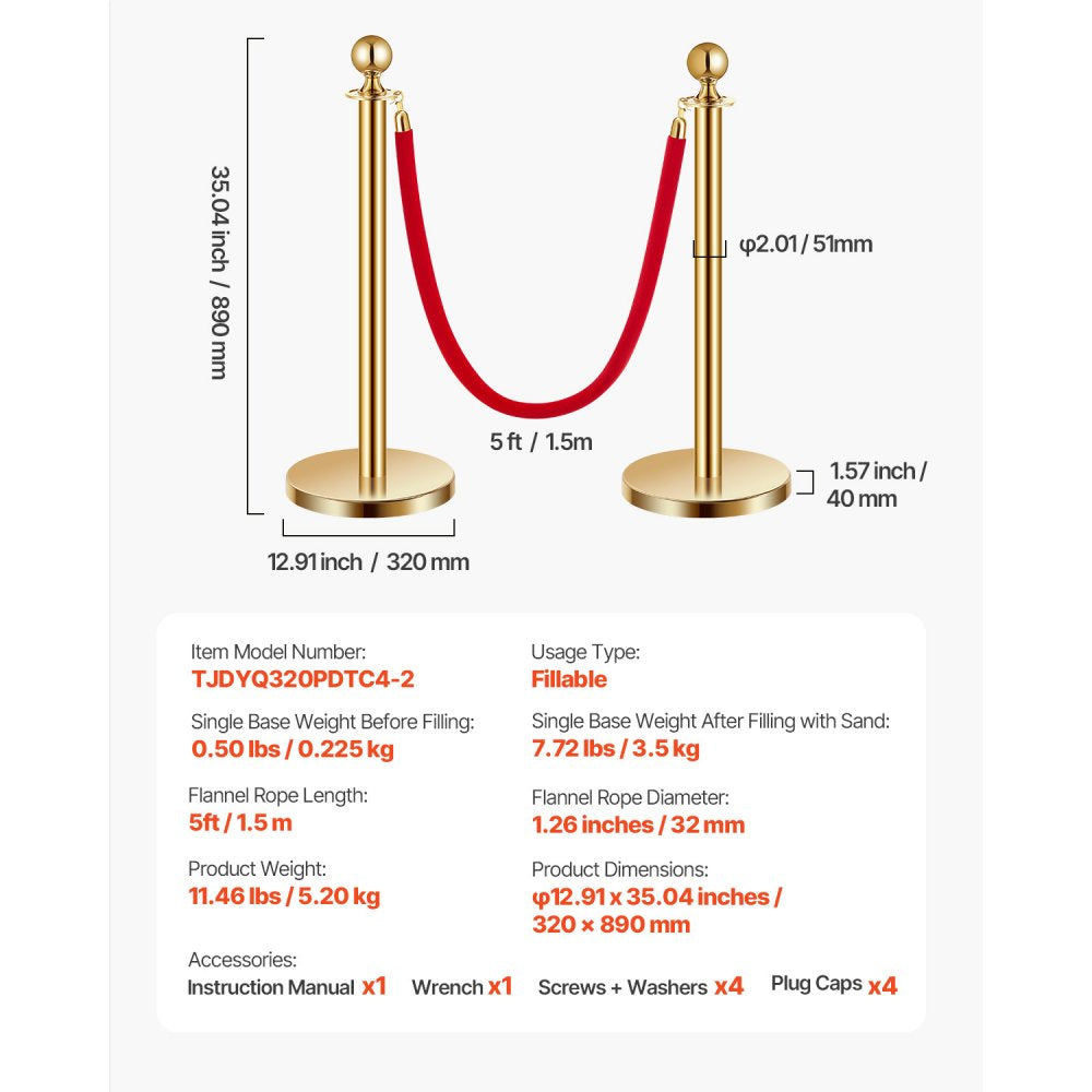 VEVOR 4 Pcs Gold Stanchion Post 2 Red Velvet Ropes Sand Injection Hollow Base