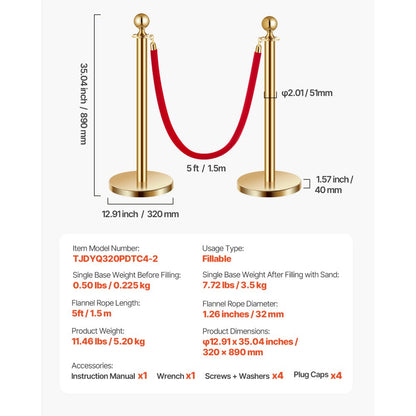 VEVOR 4 Pcs Gold Stanchion Post 2 Red Velvet Ropes Sand Injection Hollow Base