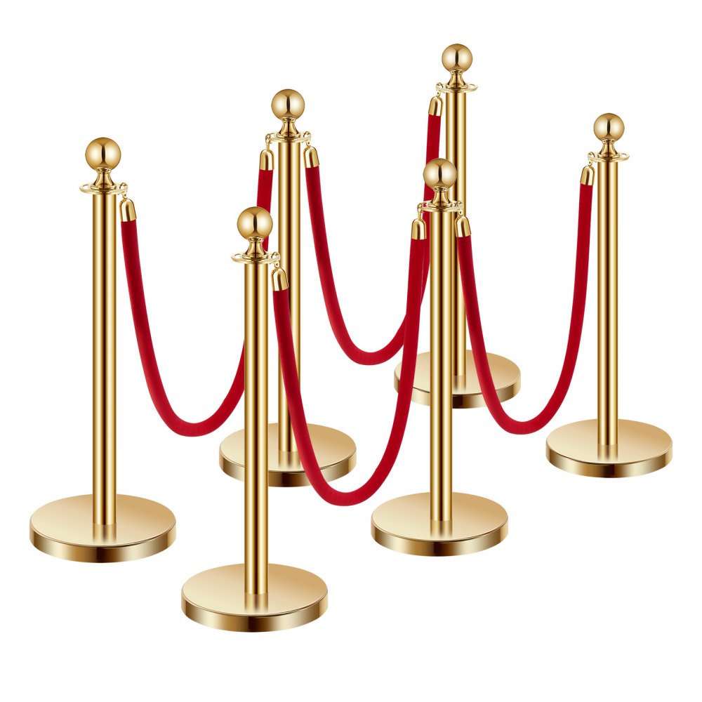 VEVOR 6 Pcs Gold Stanchion Post 4 Red Velvet Ropes Sand Injection Hollow Base
