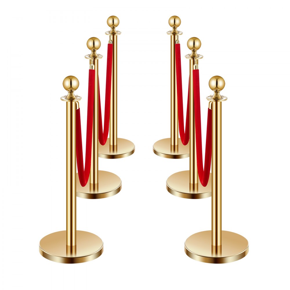 VEVOR 6 Pcs Gold Stanchion Post 4 Red Velvet Ropes Sand Injection Hollow Base