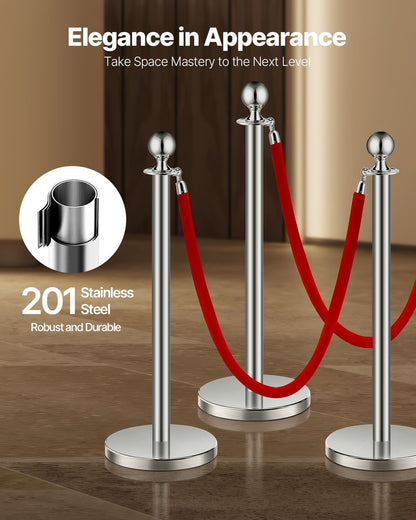 VEVOR 8 Pcs Silver Stanchion Post 4 Red Velvet Ropes Sand Injection Hollow Base