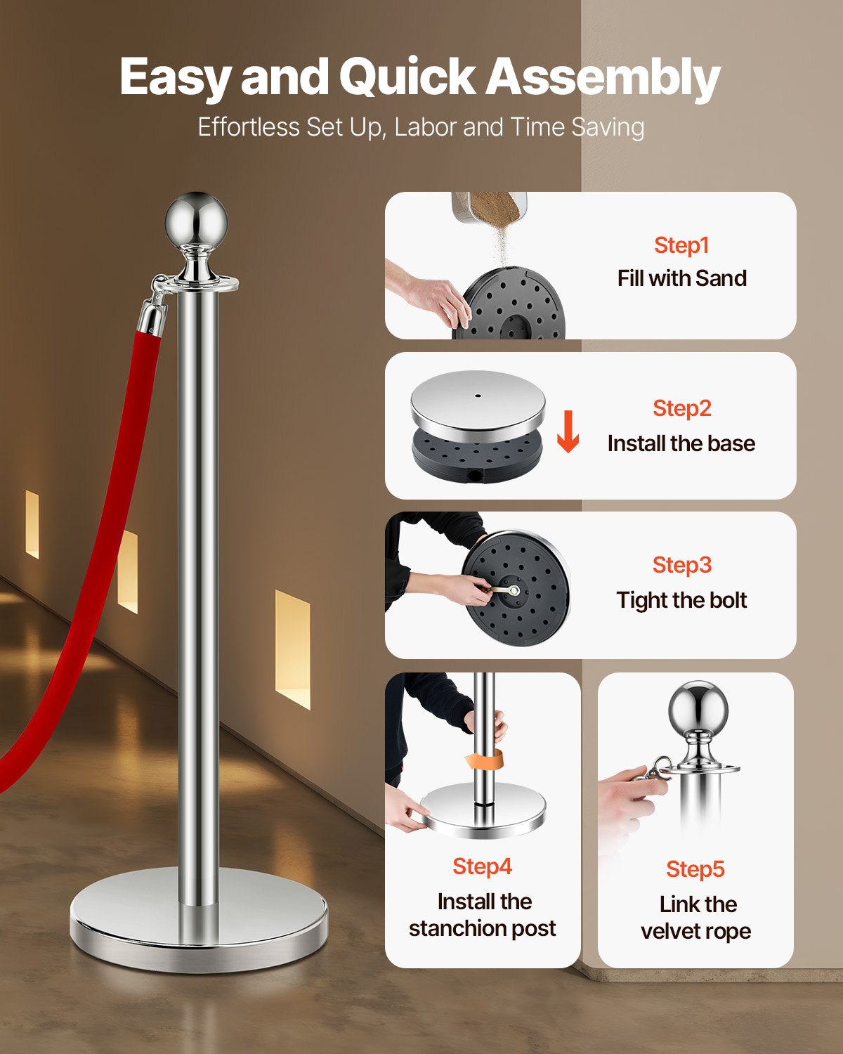 VEVOR 8 Pcs Silver Stanchion Post 4 Red Velvet Ropes Sand Injection Hollow Base