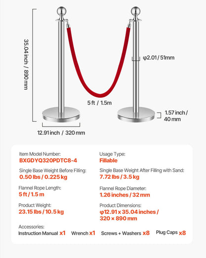 VEVOR 8 Pcs Silver Stanchion Post 4 Red Velvet Ropes Sand Injection Hollow Base