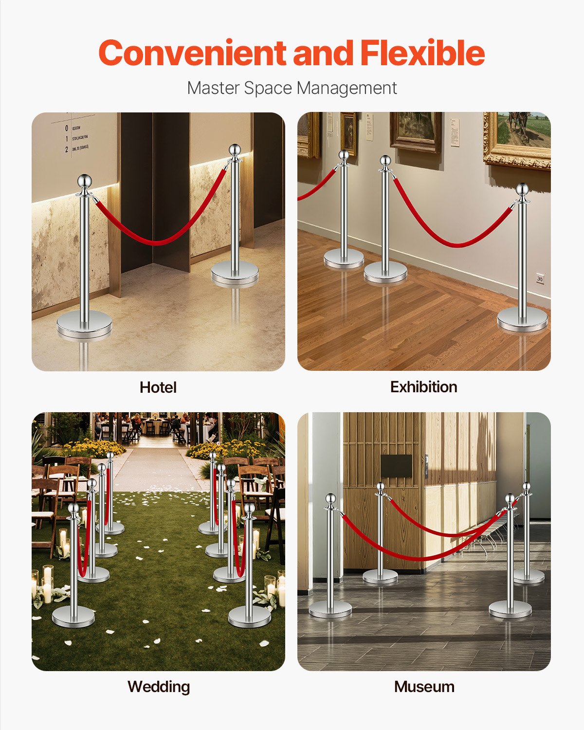 VEVOR 4 Pcs Silver Stanchion Post 2 Red Velvet Ropes Sand Injection Hollow Base