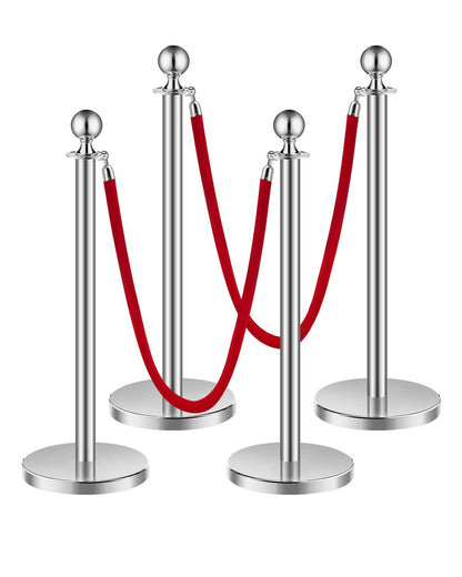 VEVOR 4 Pcs Silver Stanchion Post 2 Red Velvet Ropes Sand Injection Hollow Base