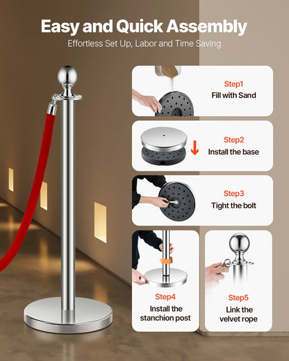 VEVOR 6 Pcs Silver Stanchion Post 3 Red Velvet Ropes Sand Injection Hollow Base