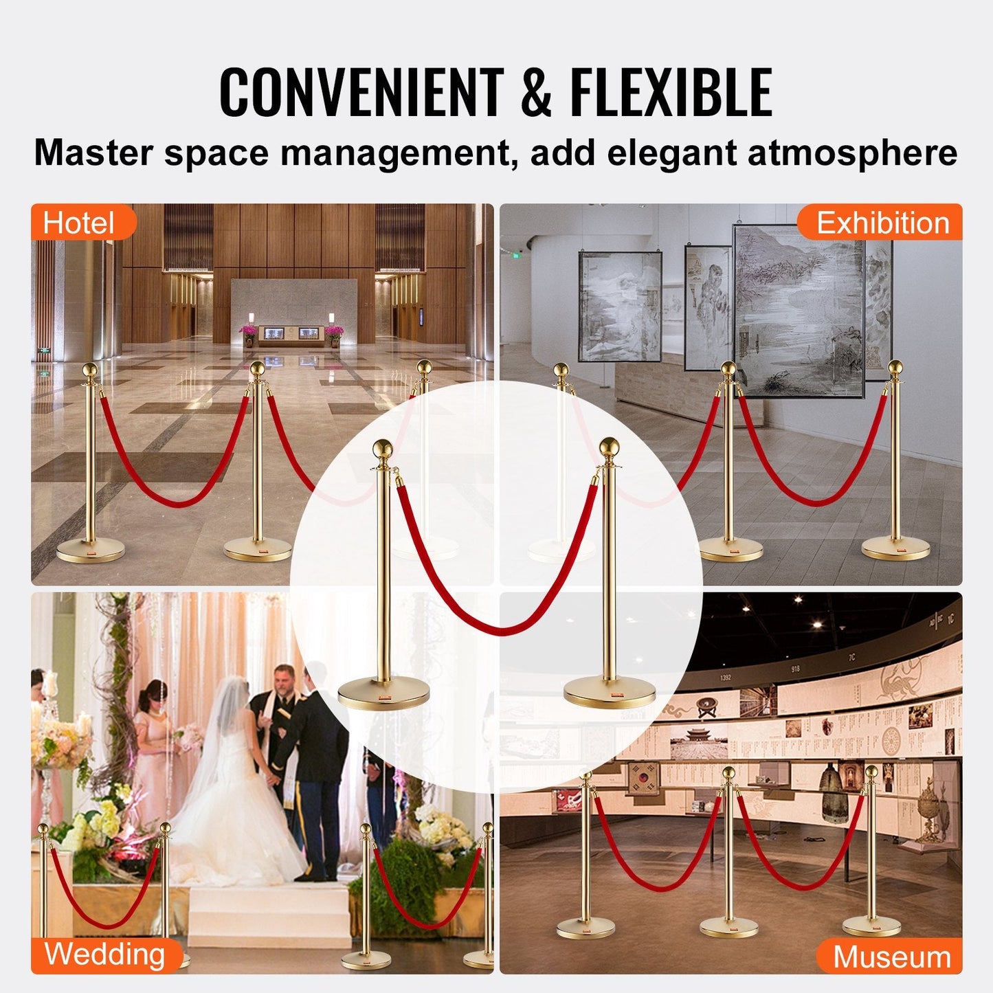 4-Pack Stainless Steel Stanchion Set with 1.5m Velvet Ropes for Events