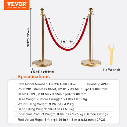 VEVOR Stanchion Post with Velvet Rope, 4-Pack Crowd Control Stanchion with 2PCS
