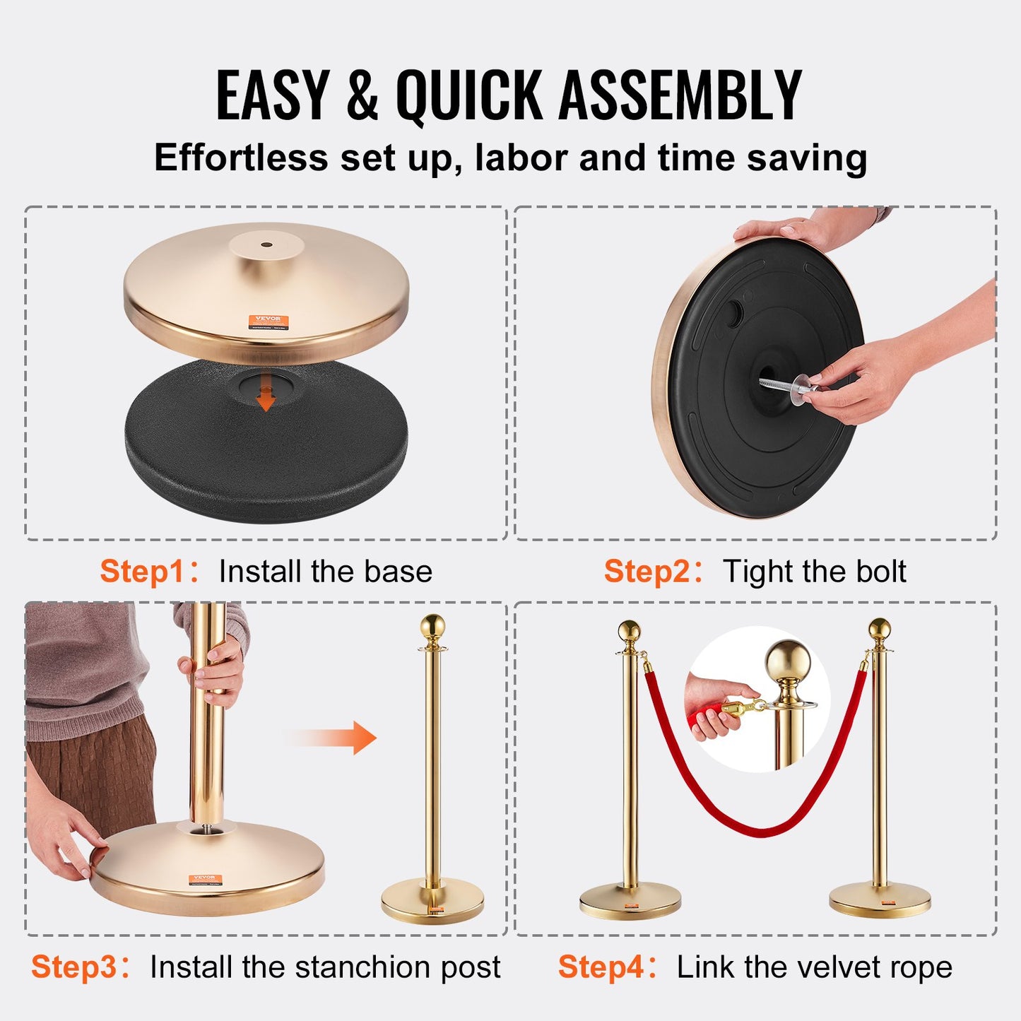 VEVOR Stanchion Post with Velvet Rope, 4-Pack Crowd Control Stanchion with 3PCS