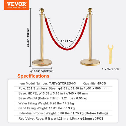 Stainless Steel Queue Stanchions with Red Velvet Ropes, 4-Pack Crowd Divider