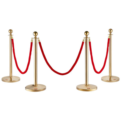 Stainless Steel Queue Stanchions with Red Velvet Ropes, 4-Pack Crowd Divider