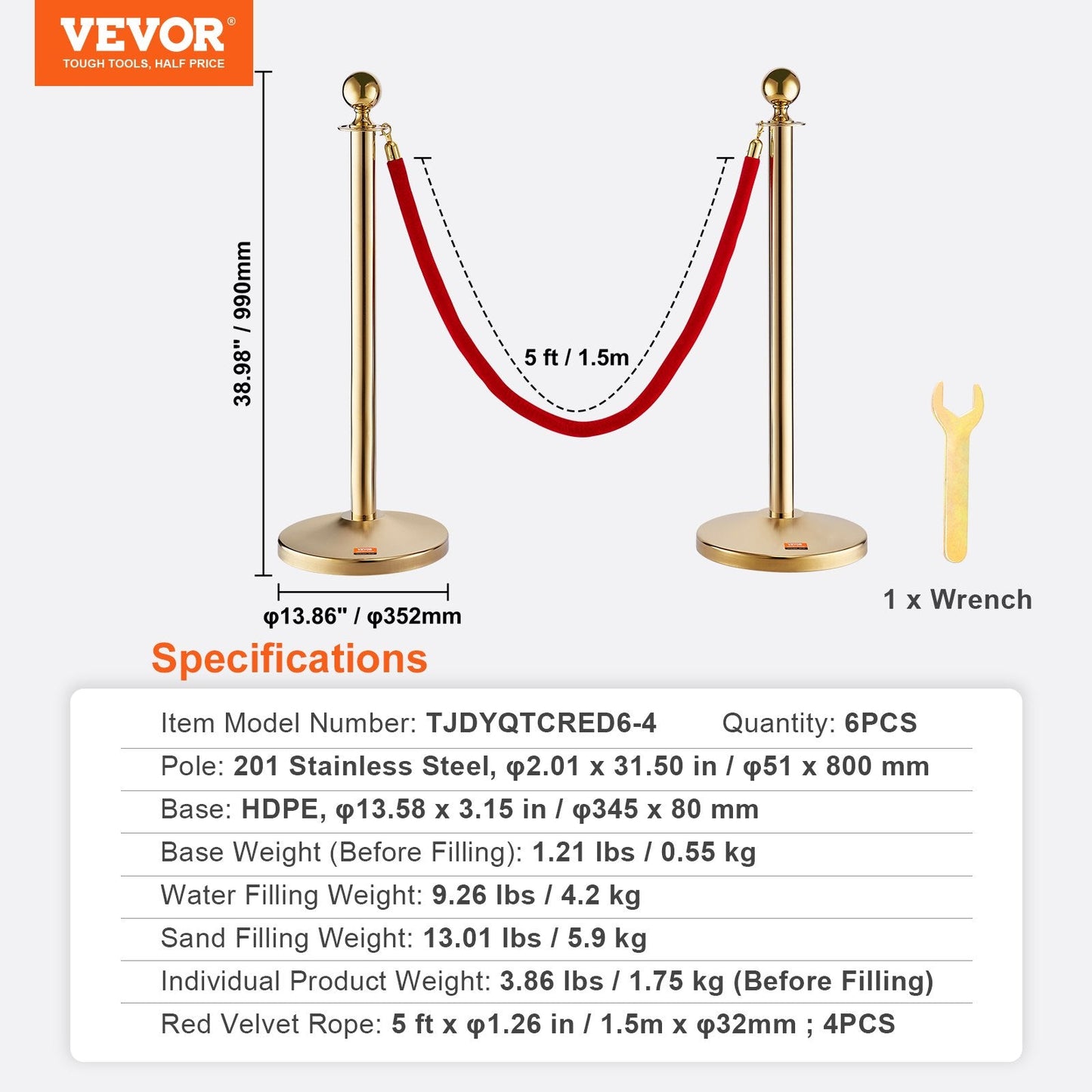 Stainless Steel Stanchion Set with Velvet Ropes, 6-Pack Crowd Control Barrier