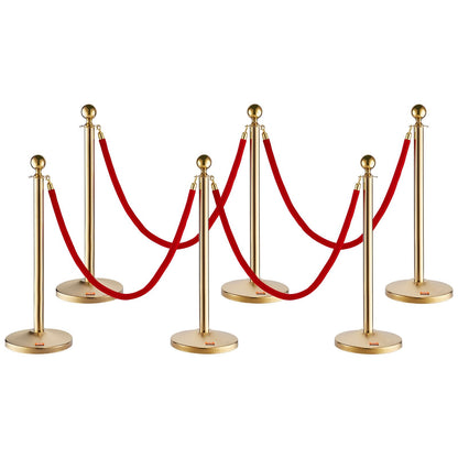 Stainless Steel Stanchion Set with Velvet Ropes, 6-Pack Crowd Control Barrier