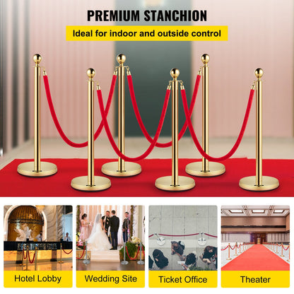 Silver Stanchion Posts with Red Velvet Rope, 6-Pack, 1.5m, Stainless Steel