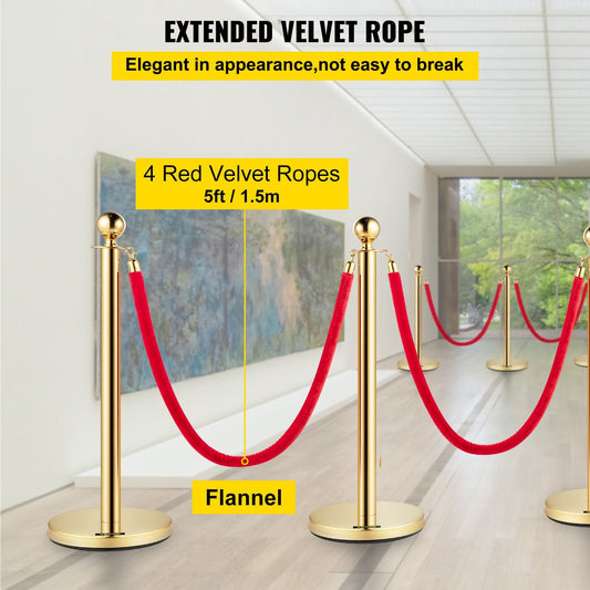 Silver Stanchion Posts with Red Velvet Rope, 6-Pack, 1.5m, Stainless Steel