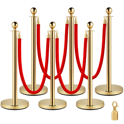 Silver Stanchion Posts with Red Velvet Rope, 6-Pack, 1.5m, Stainless Steel