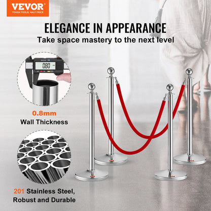 4-Pack Stainless Steel Stanchions with Red Velvet Ropes for Crowd Control