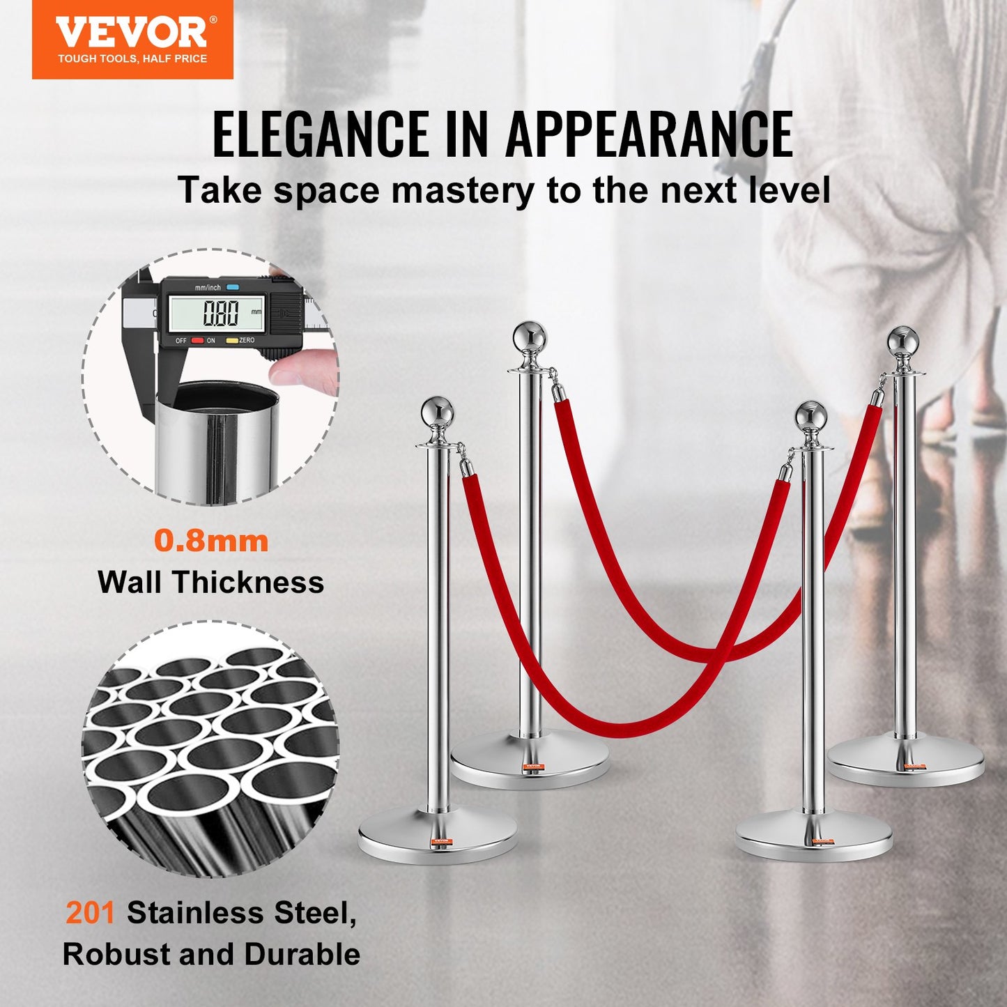 VEVOR Stanchion Post with Velvet Rope, 4-Pack Crowd Control Stanchion with 2PCS