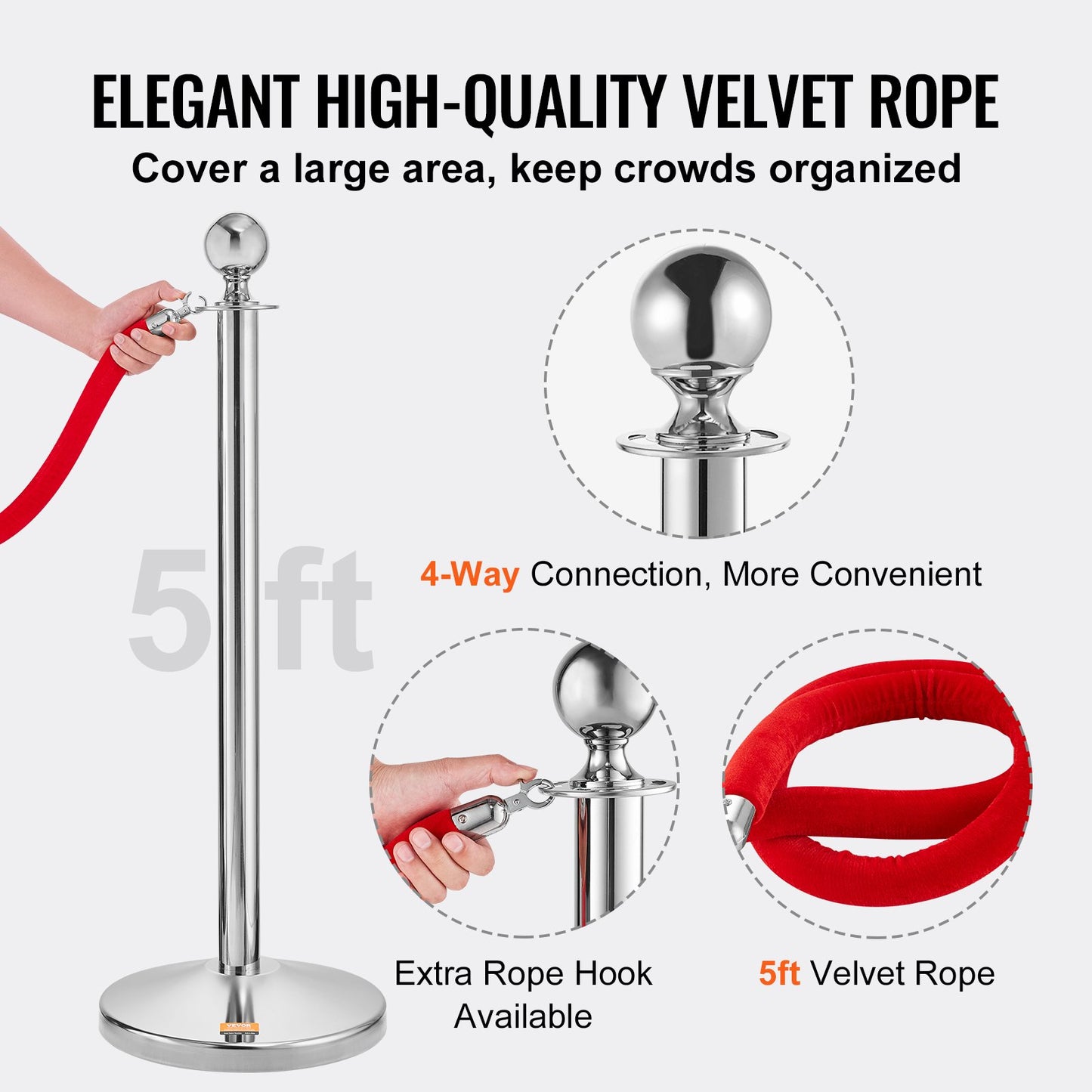 VEVOR Stanchion Post with Velvet Rope, 4-Pack Crowd Control Stanchion with 2PCS