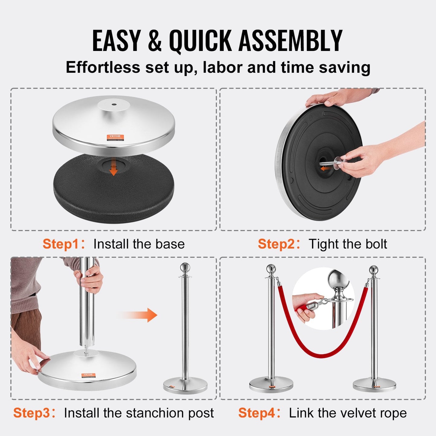 4-Pack Stainless Steel Stanchions with Red Velvet Ropes for Crowd Control