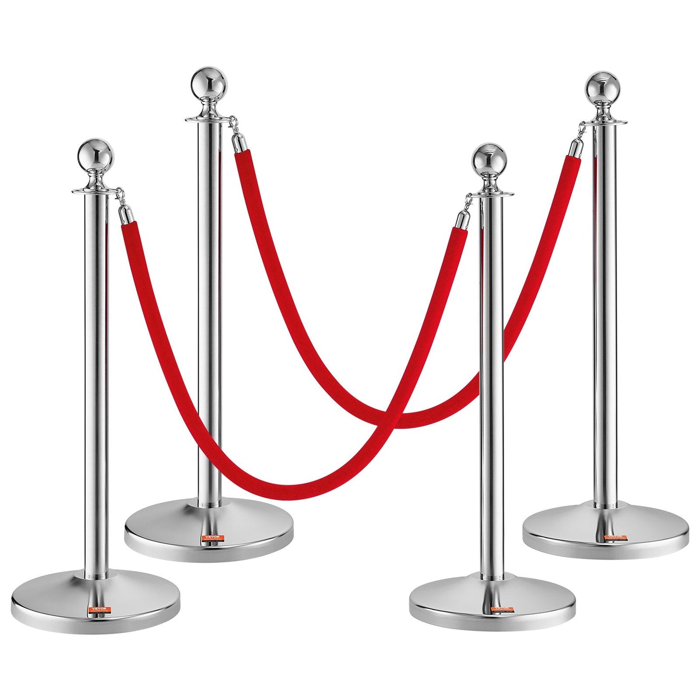 4-Pack Stainless Steel Stanchions with Red Velvet Ropes for Crowd Control