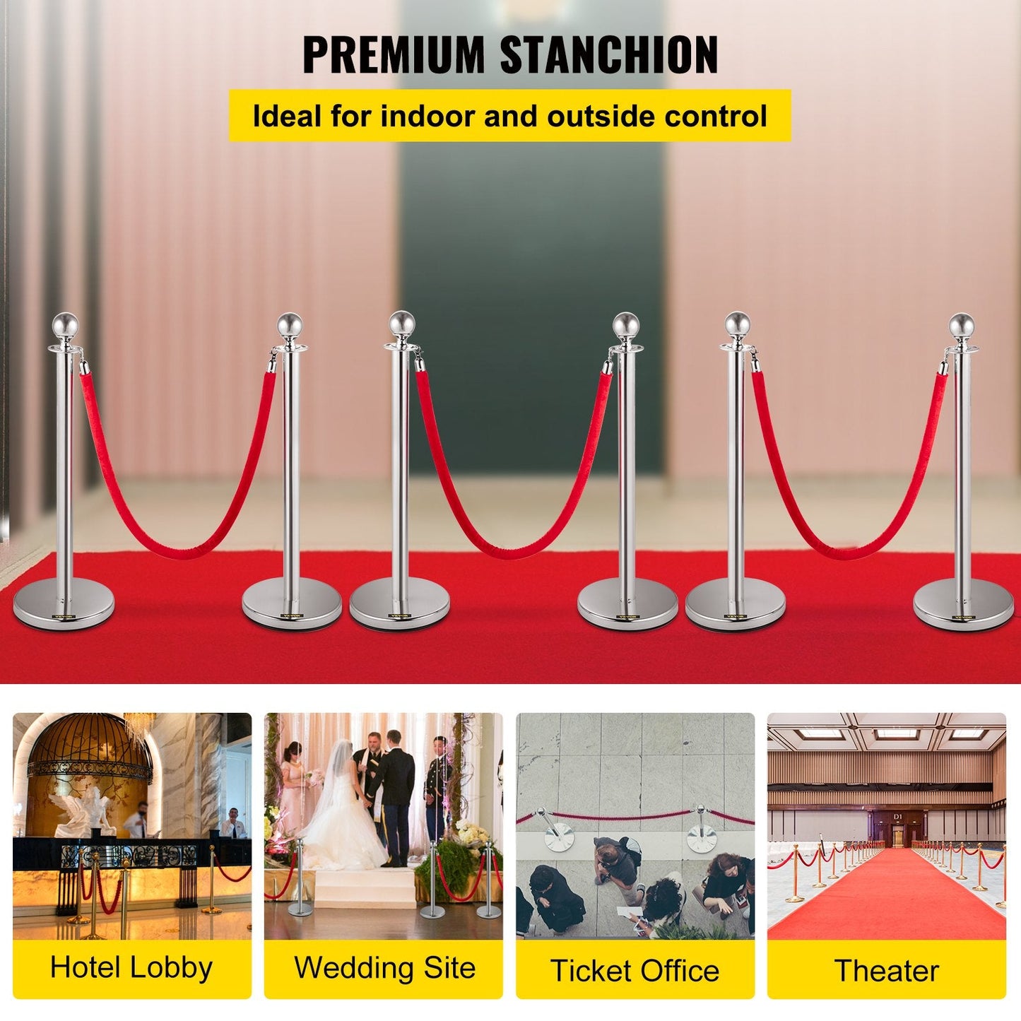 6-Piece Silver Stanchion Set with Red Velvet Rope, 1.5m Length, 13 kg Weight