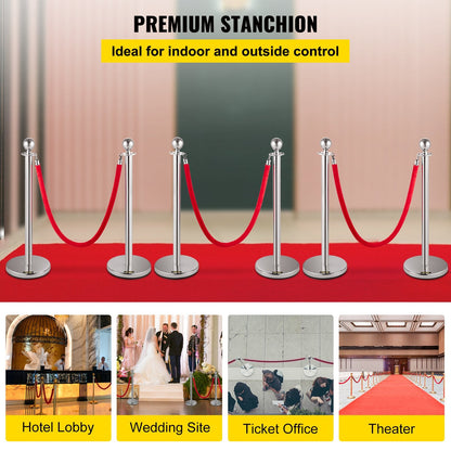 6-Piece Silver Stanchion Set with Red Velvet Rope, 1.5m Length, 13 kg Weight