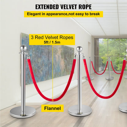 6-Piece Silver Stanchion Set with Red Velvet Rope, 1.5m Length, 13 kg Weight