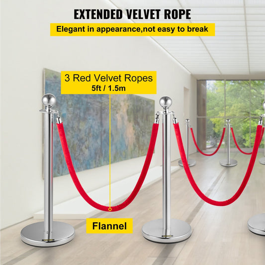 6-Piece Silver Stanchion Set with Red Velvet Rope, 1.5m Length, 13 kg Weight