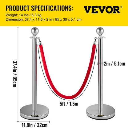 6-Piece Silver Stanchion Set with Red Velvet Rope, 1.5m Length, 13 kg Weight