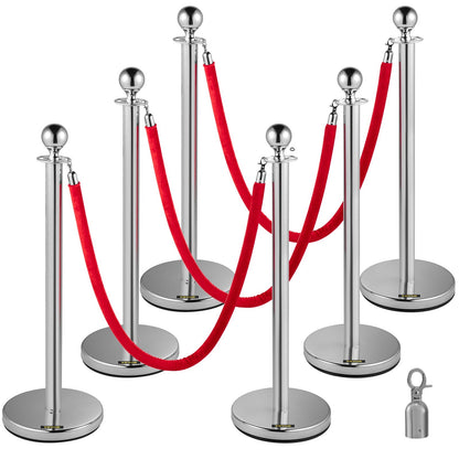 6-Piece Silver Stanchion Set with Red Velvet Rope, 1.5m Length, 13 kg Weight