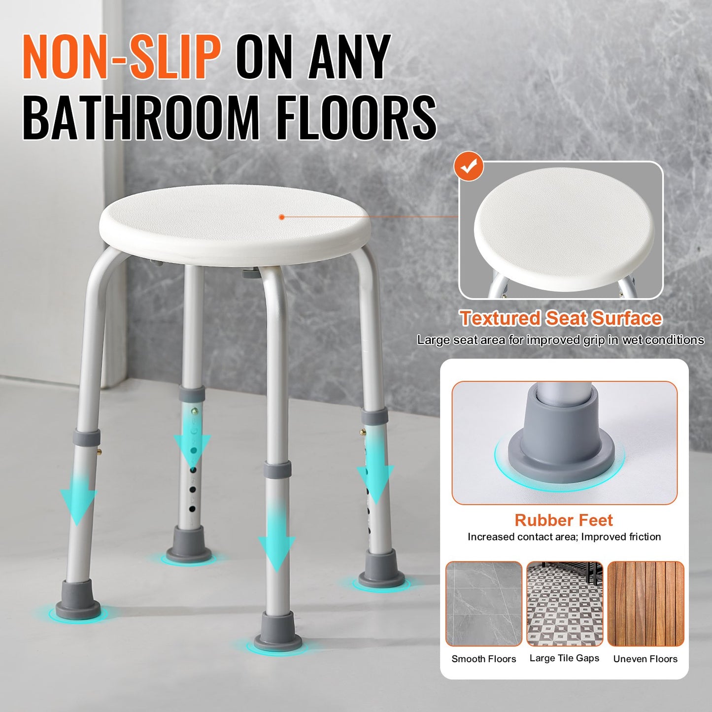 VEVOR Shower Chair for Inside Shower, Adjustable Height Shower Stool, Non-Slip Bench