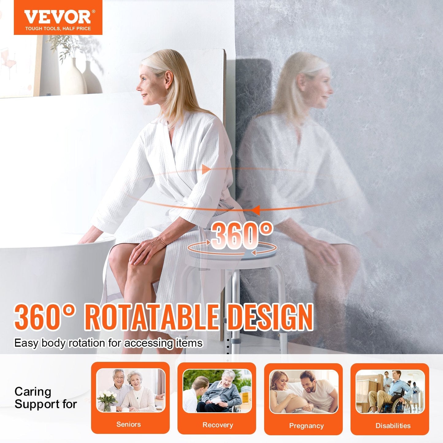 Rotating Shower Chair with Adjustable Height, 136 kg Capacity, Non-Slip Seat